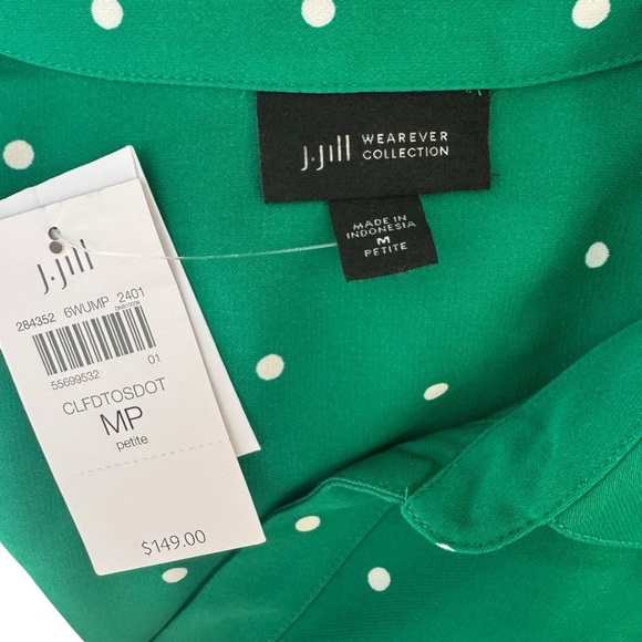 J.Jill - NWT Wearever Collection Green Polka Dot Pleated Shirt Dress Sz MP - Picture 6 of 8